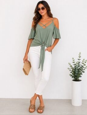 Sage Green Cold Shoulder Tie Front Blouse | Crisscross Strap Detail